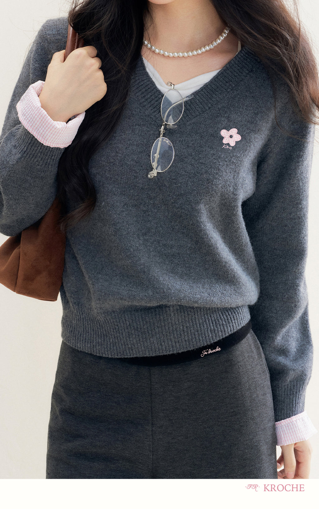 kroche 25AW two piece grey wool blend patchwork v neck sweater with bow