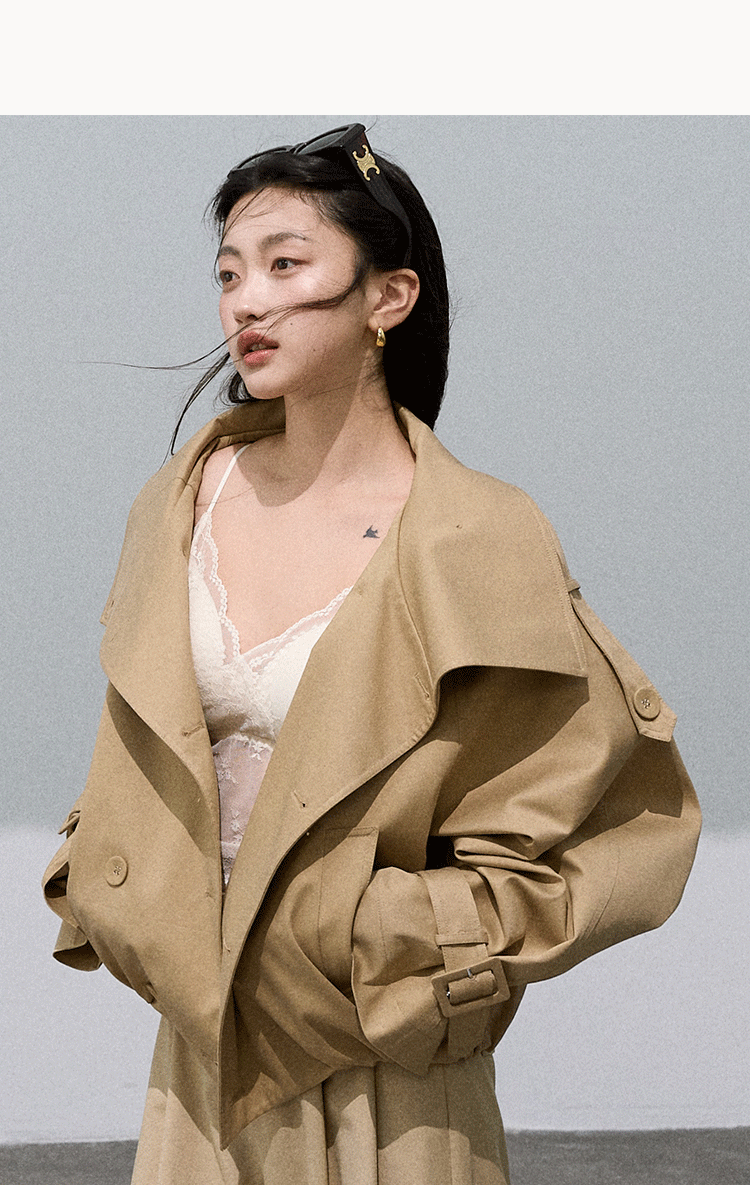 Oakmoo "Through the Oak Woods" Short Double-Breasted Lyocell Cotton Stand Collar Trench Coat