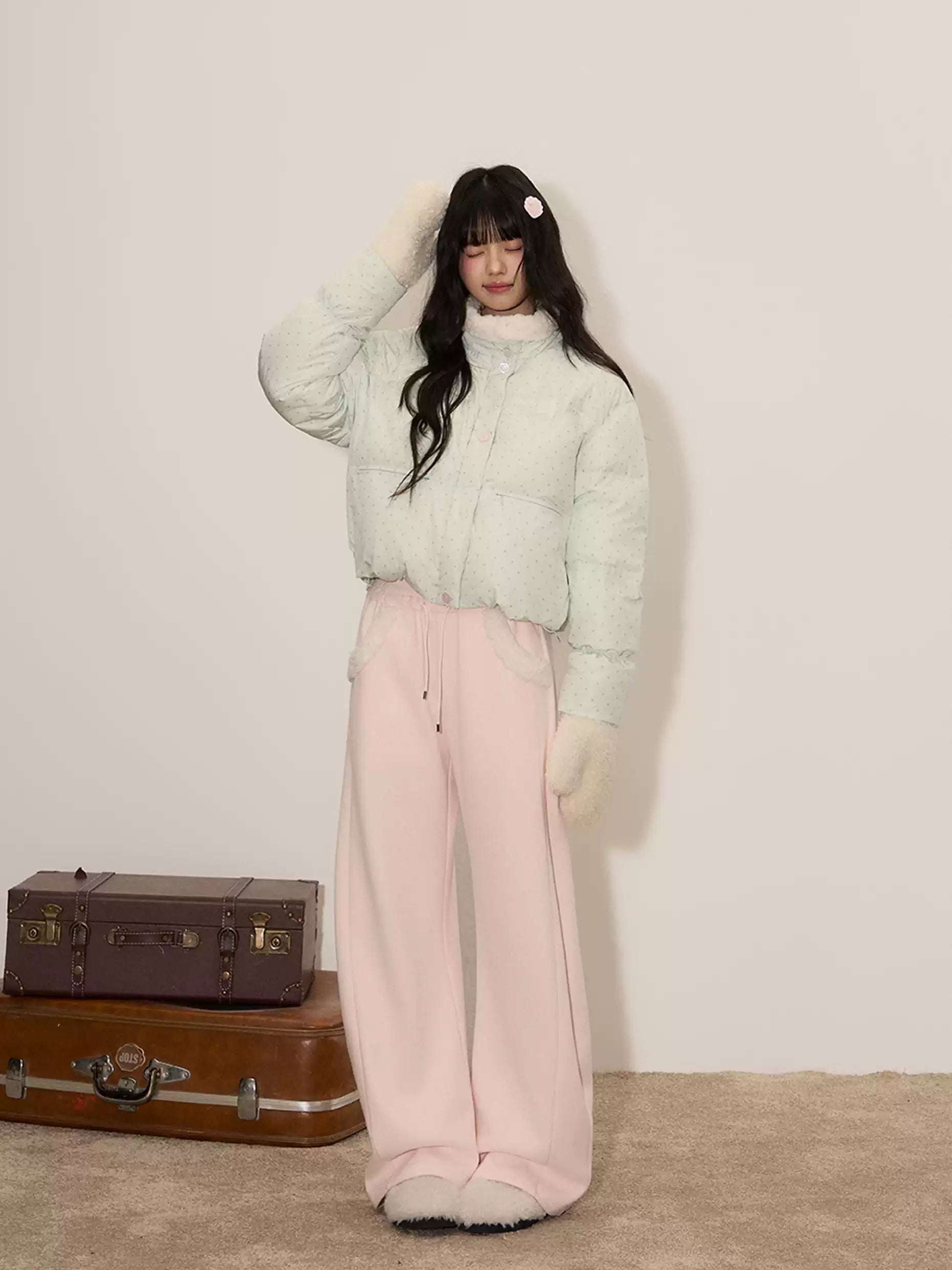 UMOUMO Soft, fleece-lined, curved-leg pants with mushroom print and plush pockets; flattering and versatile everyday pants.