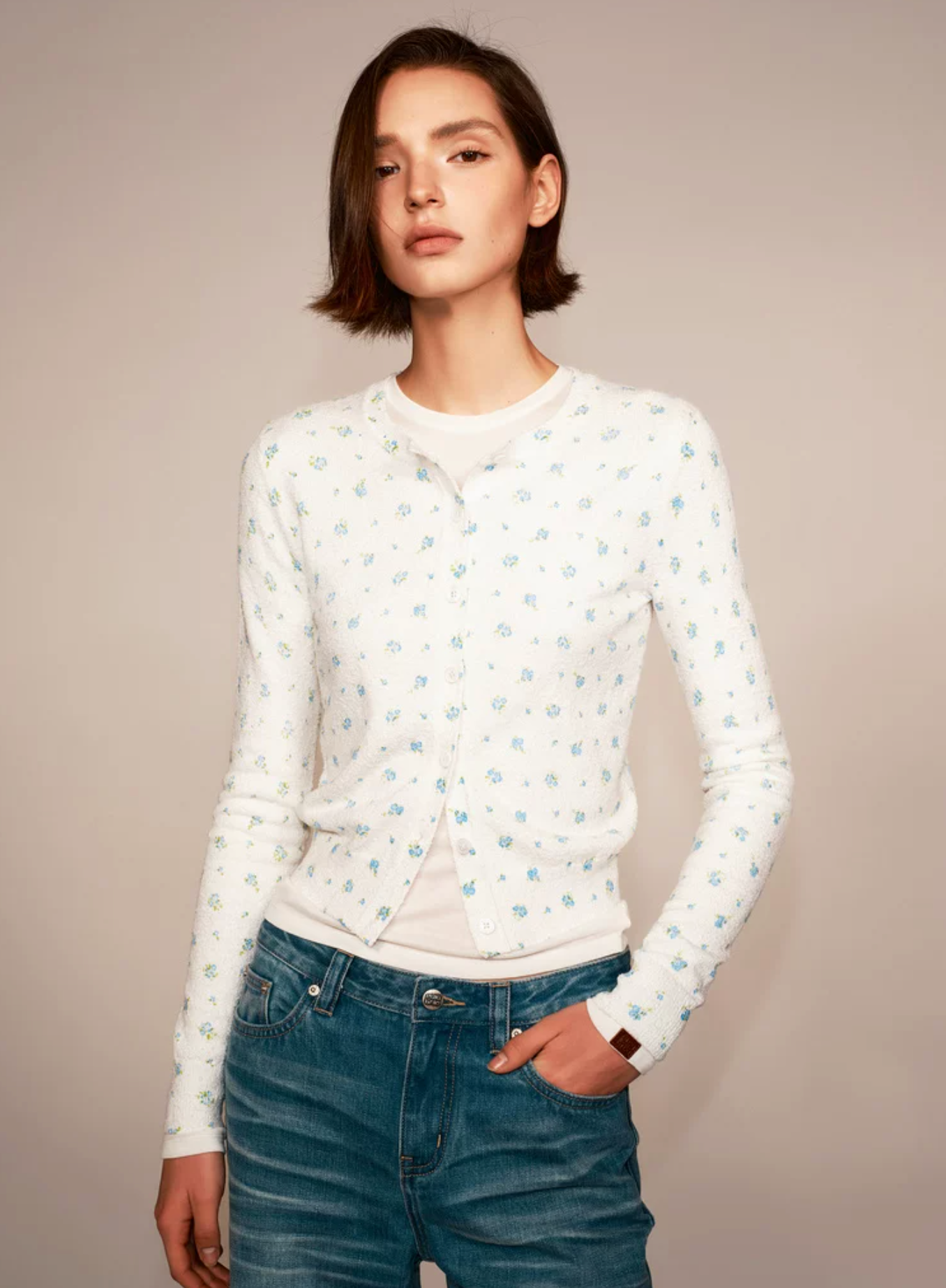 PUKI PUKI cardigan with floral pattern, slim chiffon shoulders and round neck