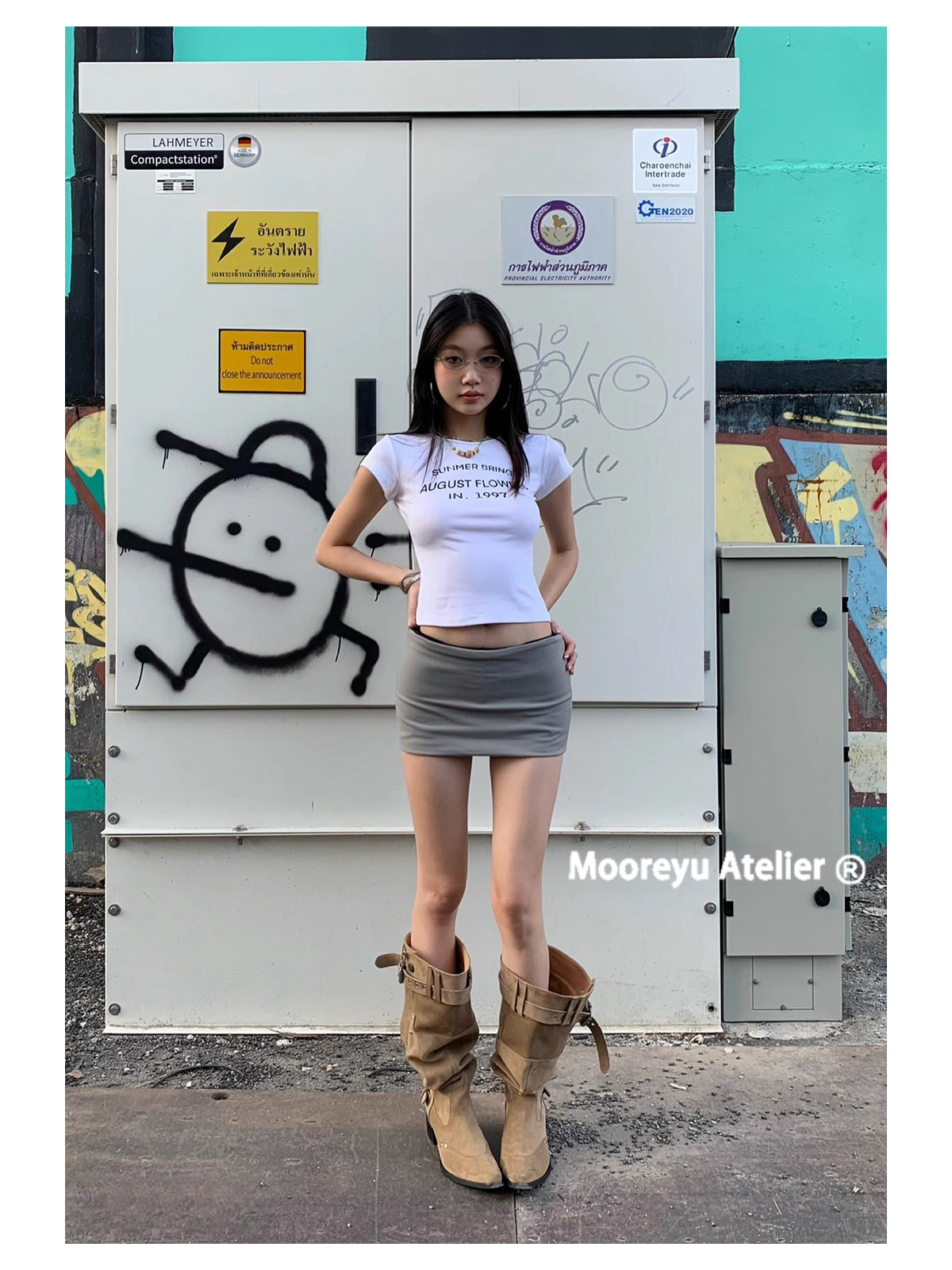 MOOREYU Women's knee high boots autumn winter 2025 women's khaki suede pointed toe boots thick heel thin pleated boots