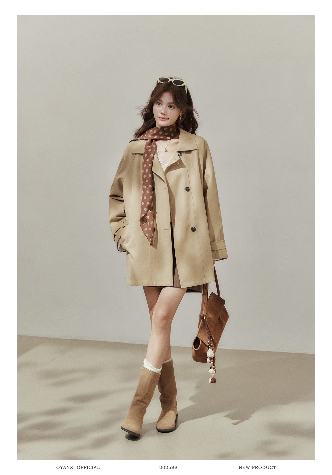 Oyanxi Women's Autumn "Freeze Paris" Khaki Raglan Long Sleeve Jacket, Short, Medium Length