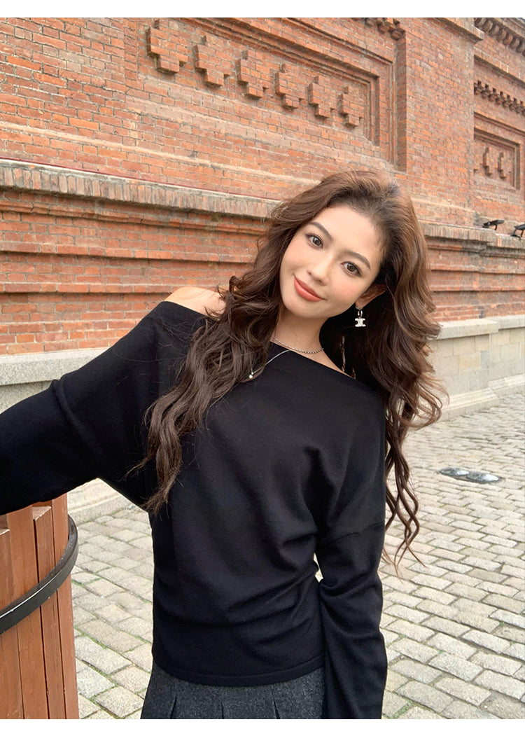 Pusumede one shoulder long sleeve sweater original color temperament female design cross shoulder t-shirt