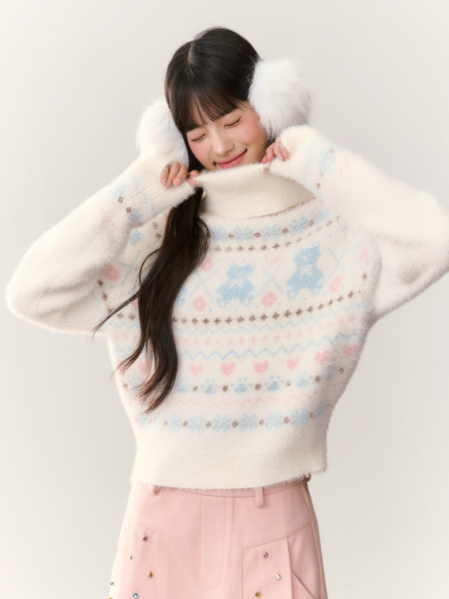 UMOUMO Sweet Mushroom Mink Fur Bear Two-way Off-the-shoulder Pullover