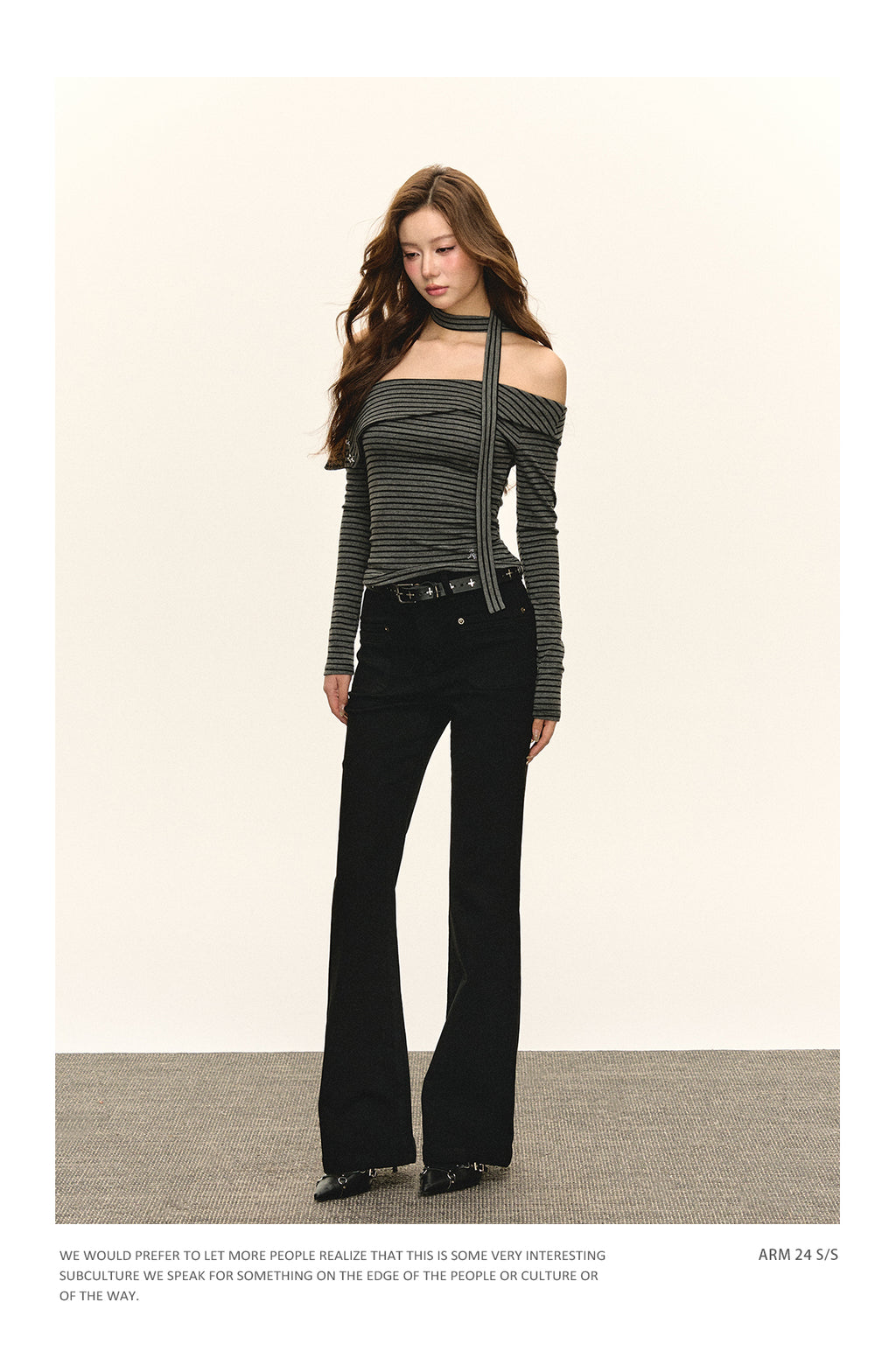 Ariseism American fashion autumn winter black striped off-the-shoulder long-sleeved t-shirt for women