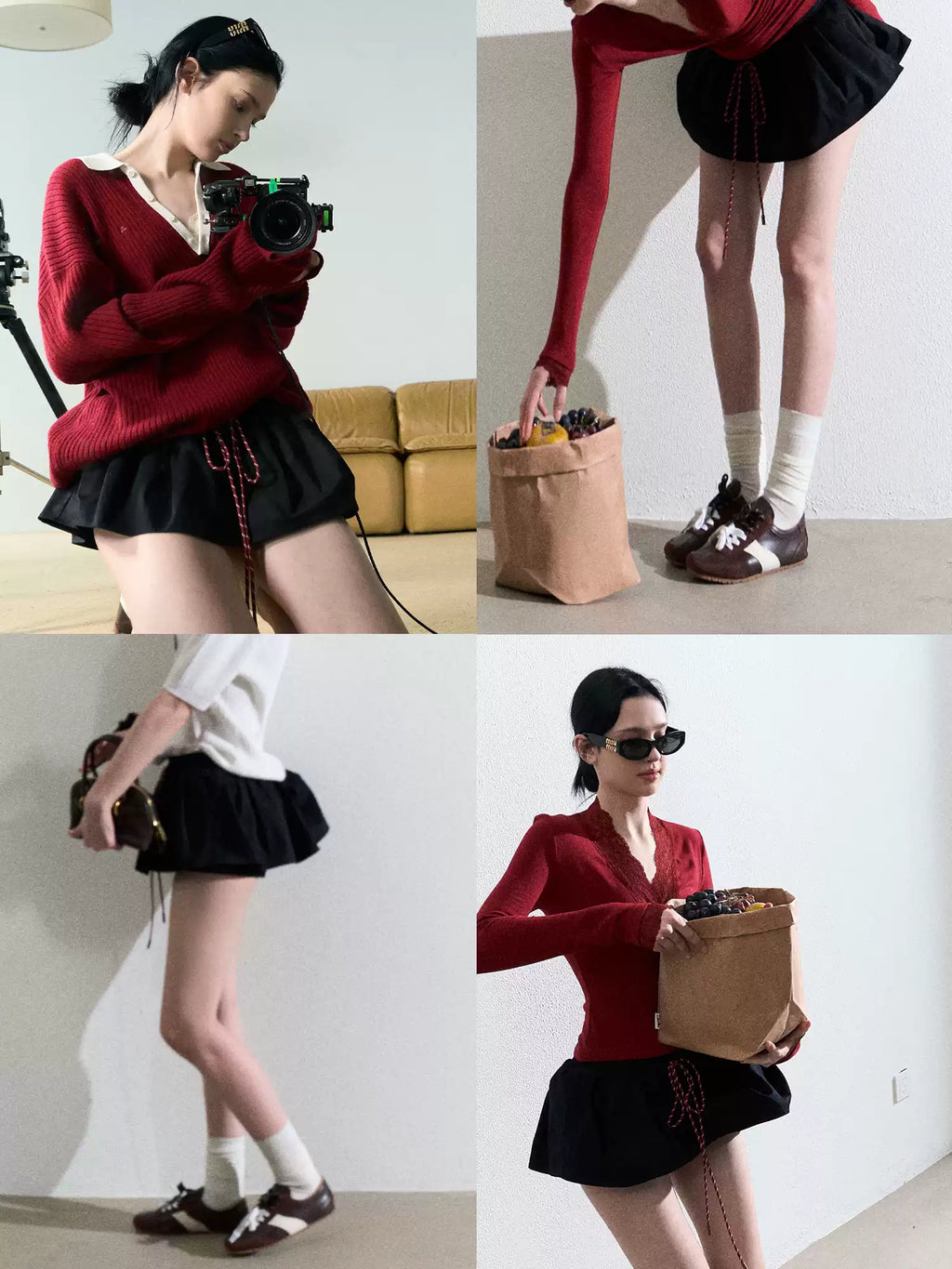 OAKMOO Multicolored stretchy mini skirt, drawstring, tulip skirt shape, "Lemon scent" skirt shape, helps slim and lengthen the legs