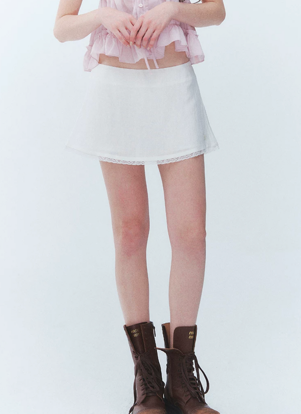 LaluneDuCiel White loose skirt with floral patterns, lace trim, Korean style, versatile, suitable for everyday wear