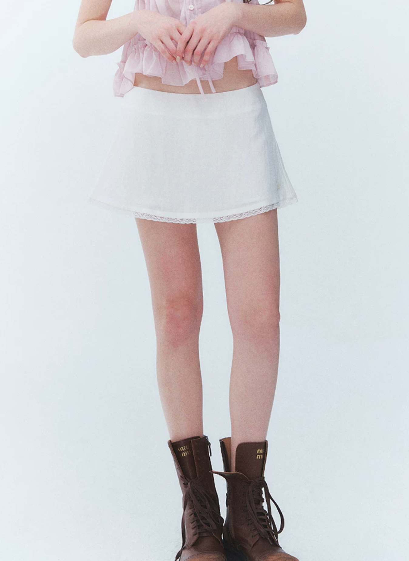 LaluneDuCiel White loose skirt with floral patterns, lace trim, Korean style, versatile, suitable for everyday wear