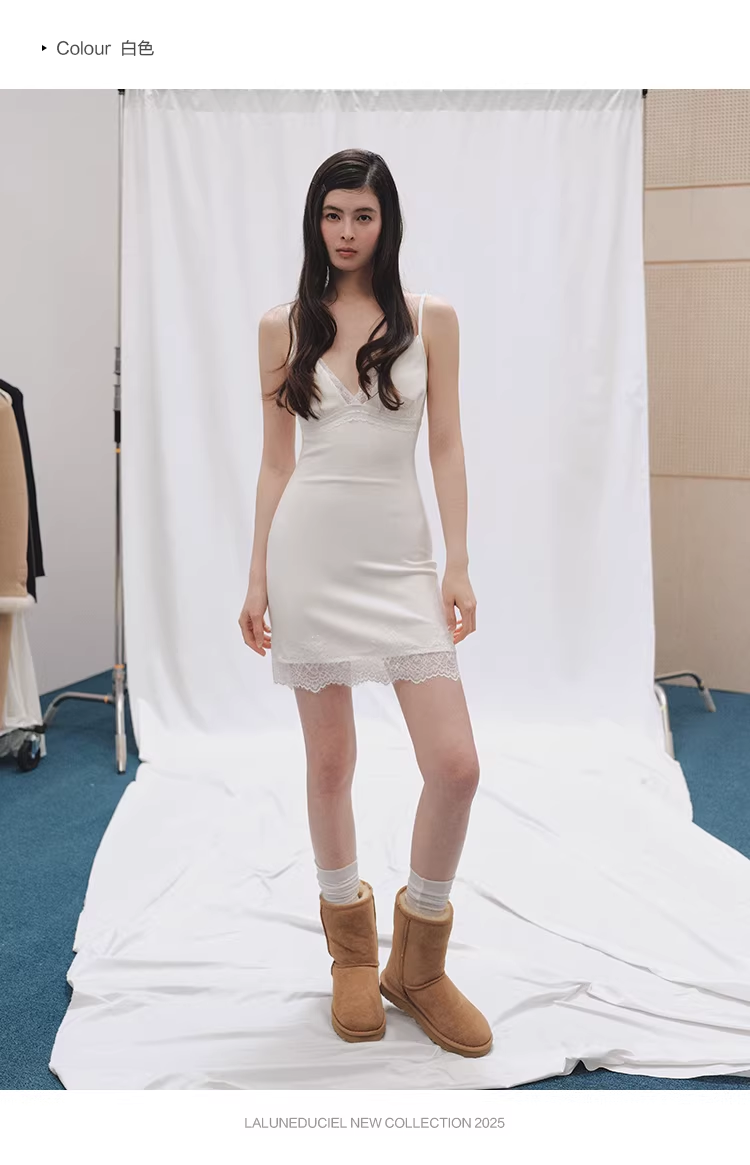 LaluneDuCiel Sexy French V-neck slip dress for women, lace trim, perfect for layering in winter, short, tight fit.