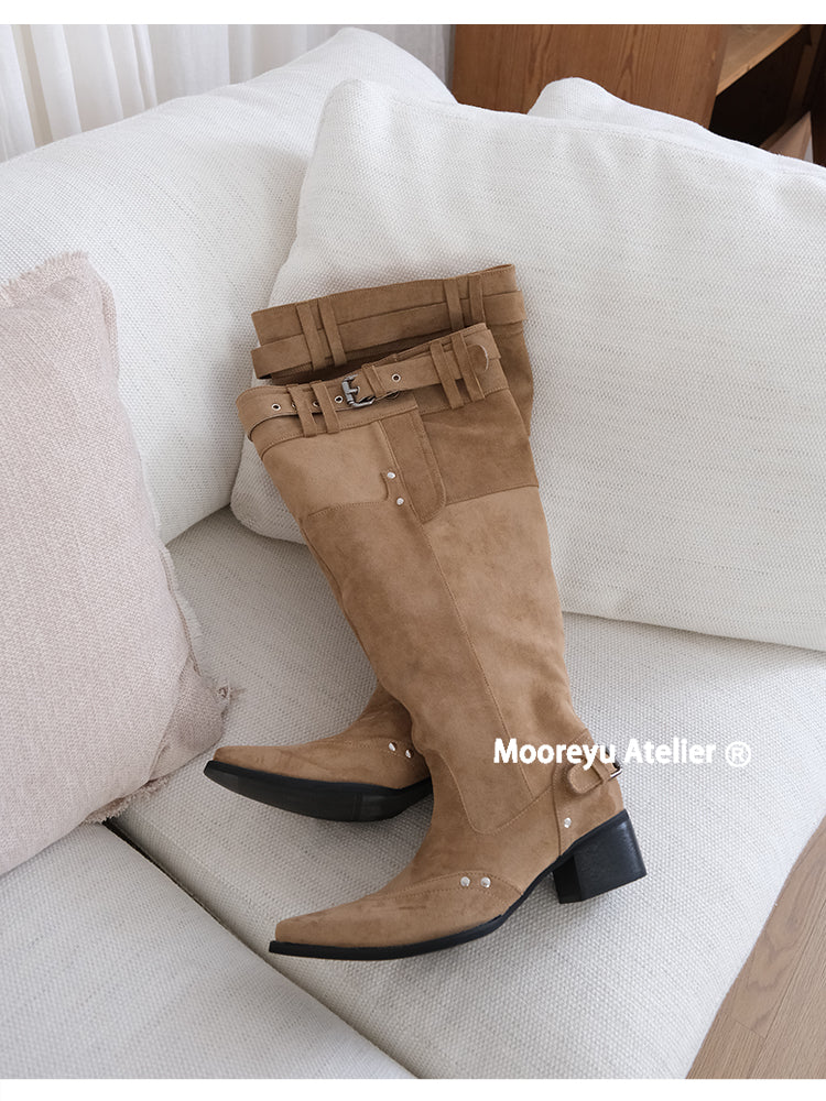 MOOREYU Women's knee high boots autumn winter 2025 women's khaki suede pointed toe boots thick heel thin pleated boots