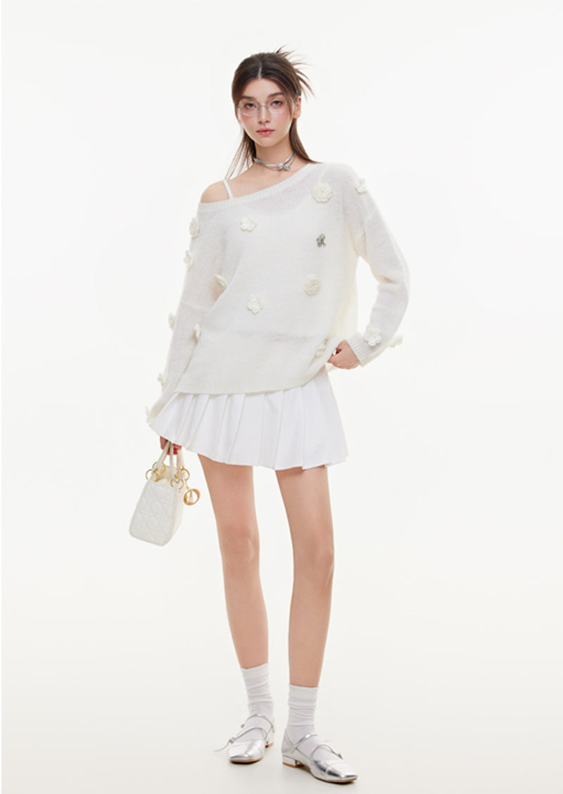 IKYOU women's spring and autumn new flower mohair sweater long sleeve loose fit off-shoulder sweater