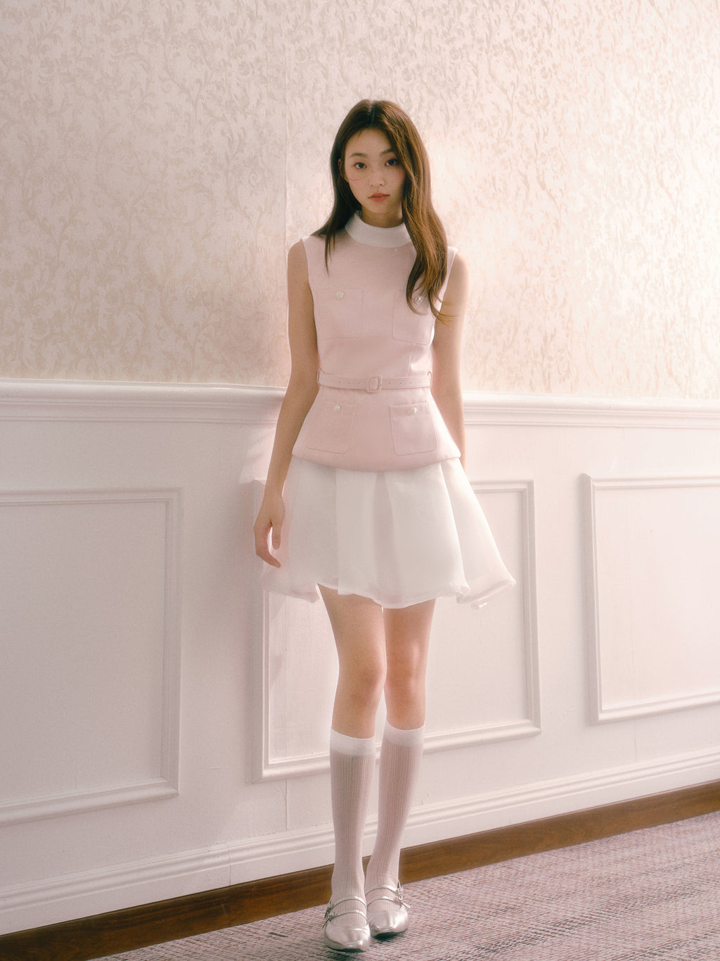 Pink satin dress with faux pearl mini turtleneck two-piece with puffy skirt and belt Recit