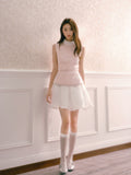 Pink satin dress with pearlescent small faux turtleneck two-piece flared skirt with Recit belt