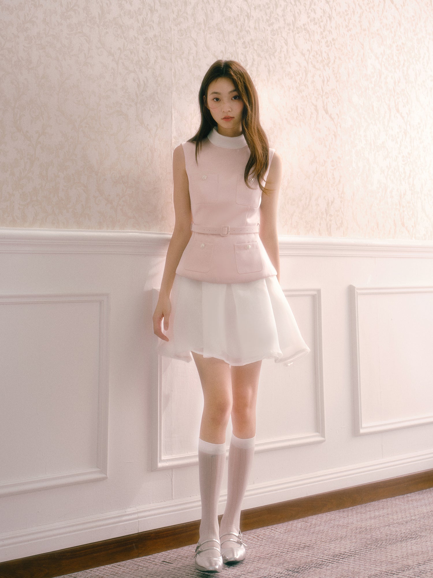 Pink satin dress with faux pearl mini turtleneck two-piece with puffy skirt and belt Recit