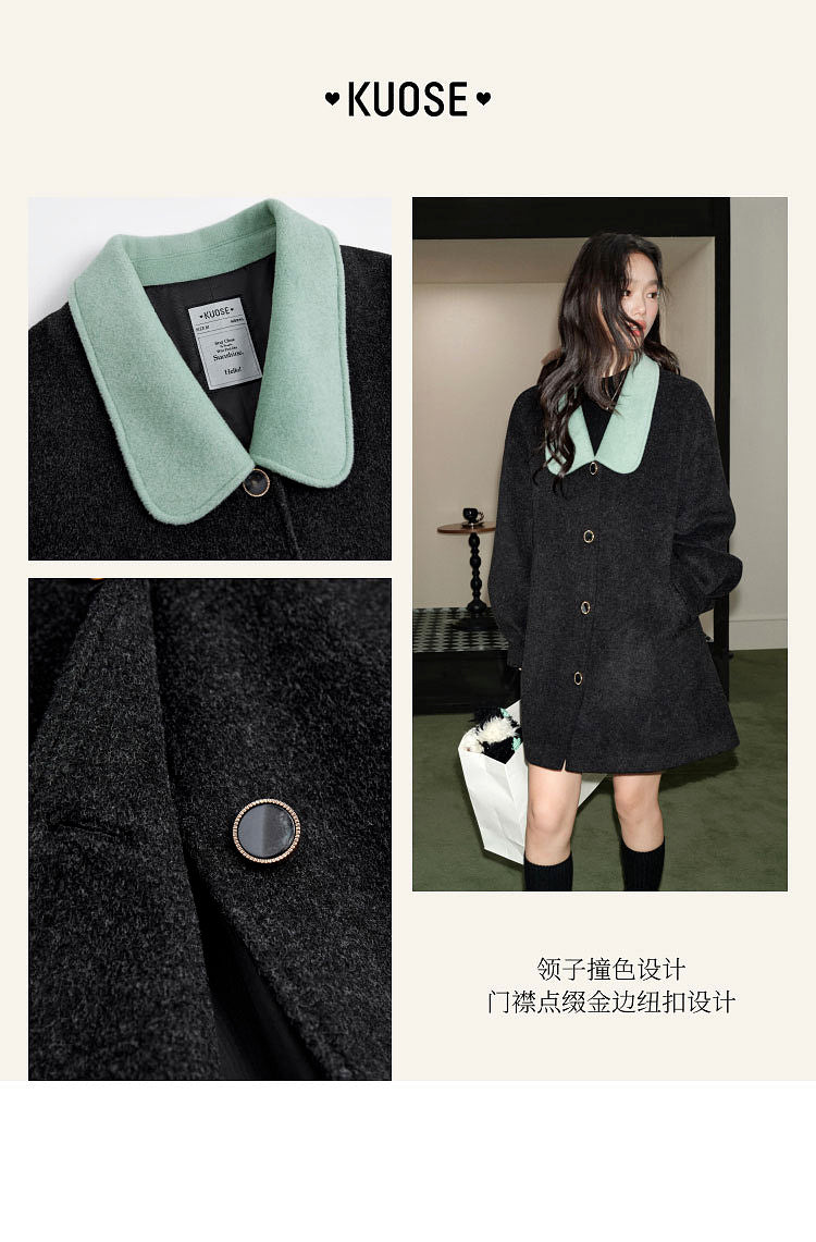KOUSE Women's 2025 New Autumn Winter Classic Medium-Long Woolen Coat Black and Gray