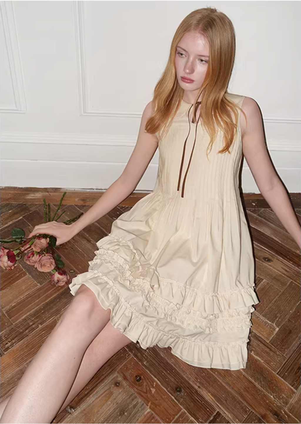 UENA Light yellow round neck sleeveless vest dress with ruffles at the bust and babydoll collar