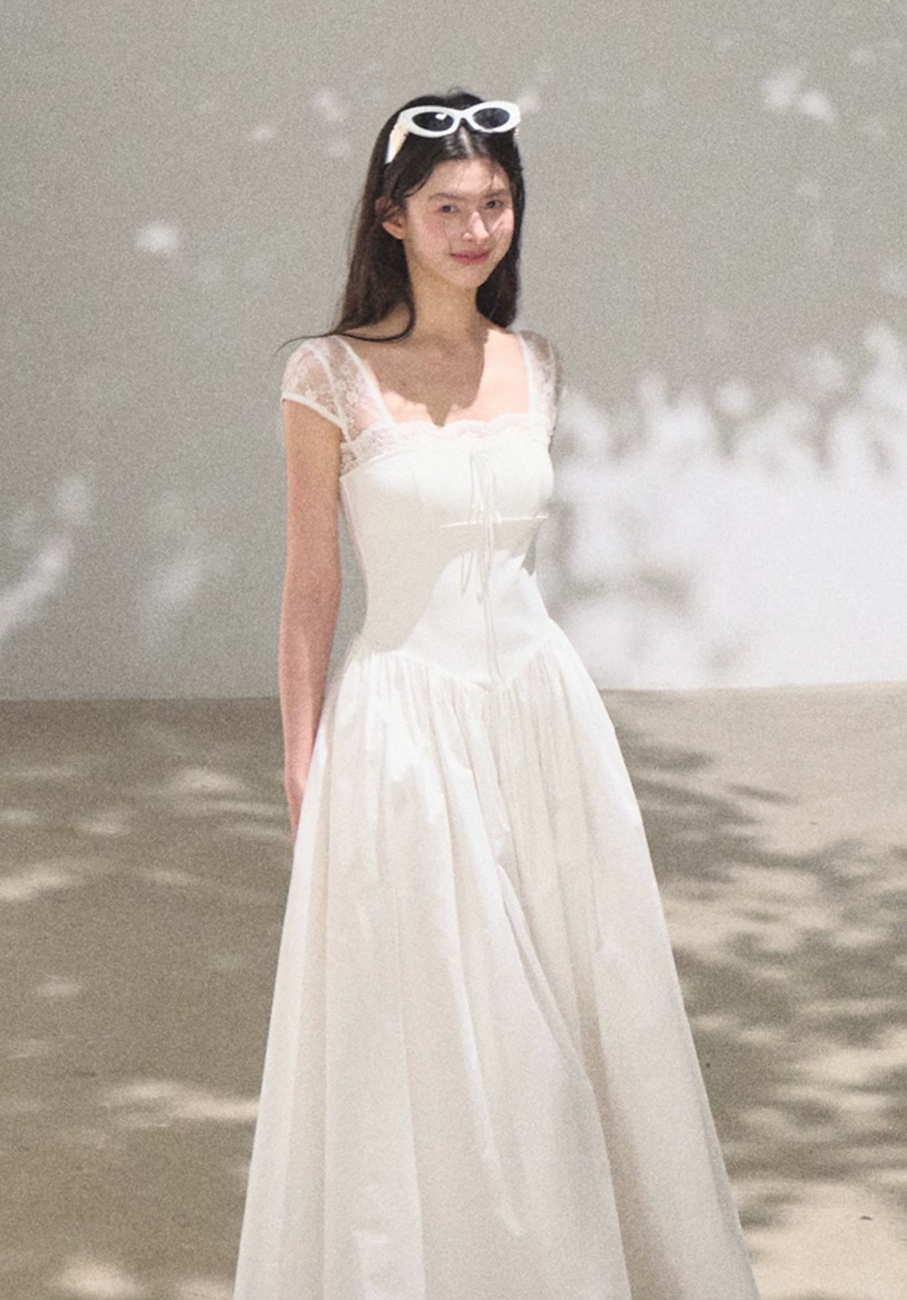 OAKMOO "Gently Pick Up" beach resort style lace slip dress with a waist-hugging skirt.