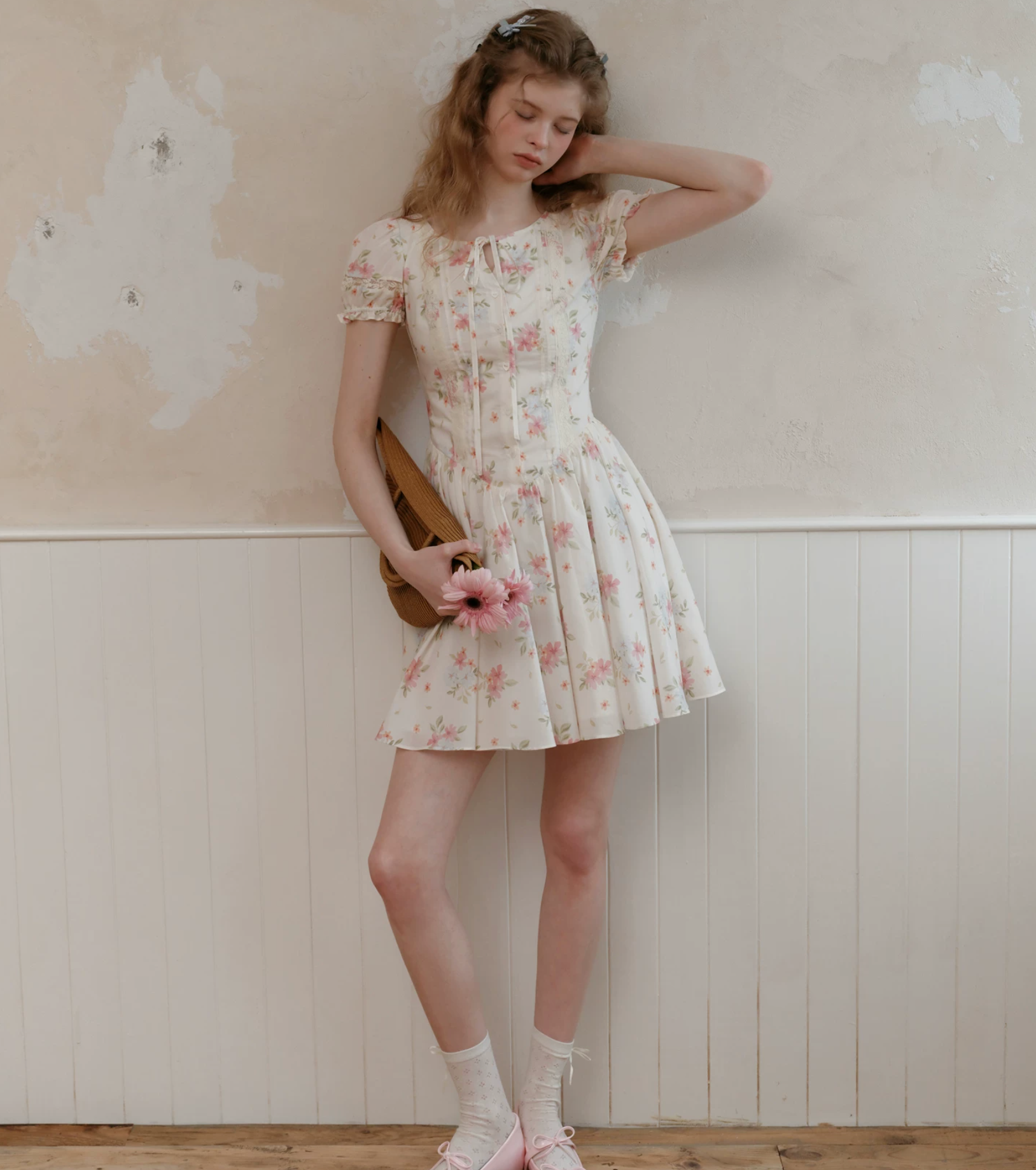 ISISLOVE Very cute 2026 short-sleeved floral dress with waist tie for women, new summer style, French country style.