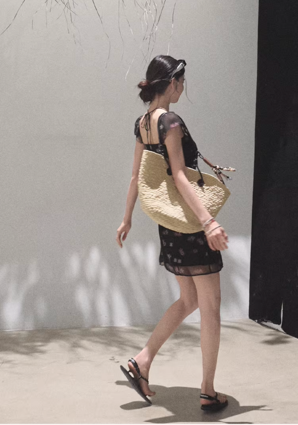 OAKMOO beaded halter-neck dress, fitted waist, unique floral print "My Own Moon"