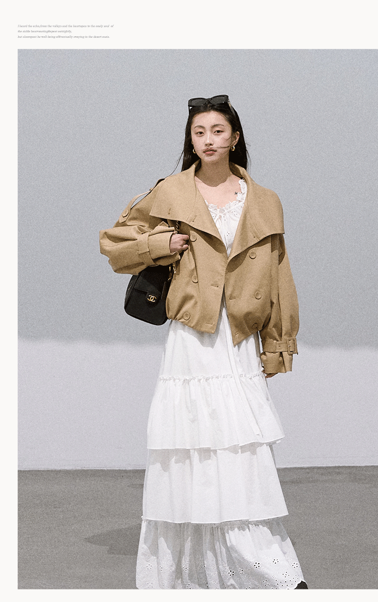 Oakmoo "Through the Oak Woods" Short Double-Breasted Lyocell Cotton Stand Collar Trench Coat