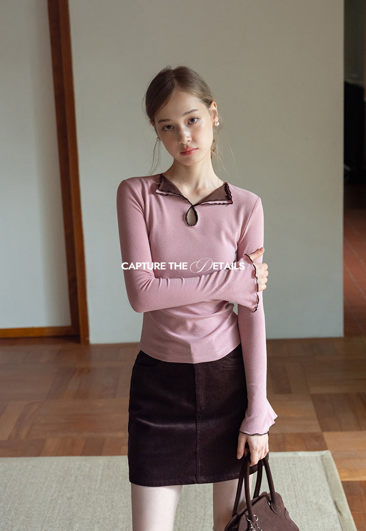 EGGKA Women's long-sleeved V-neck T-shirt with colored trim, new autumn design, slim fit, elegant waistline (sale)