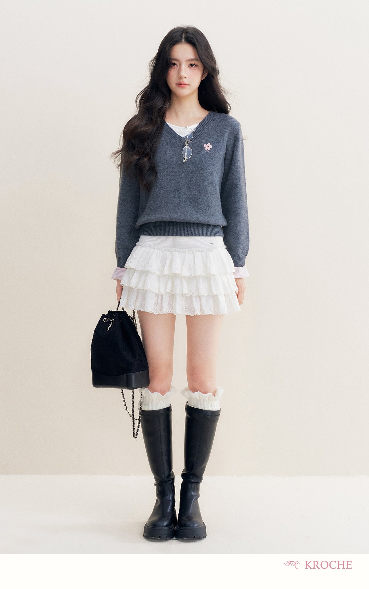 kroche 25AW two piece grey wool blend patchwork v neck sweater with bow
