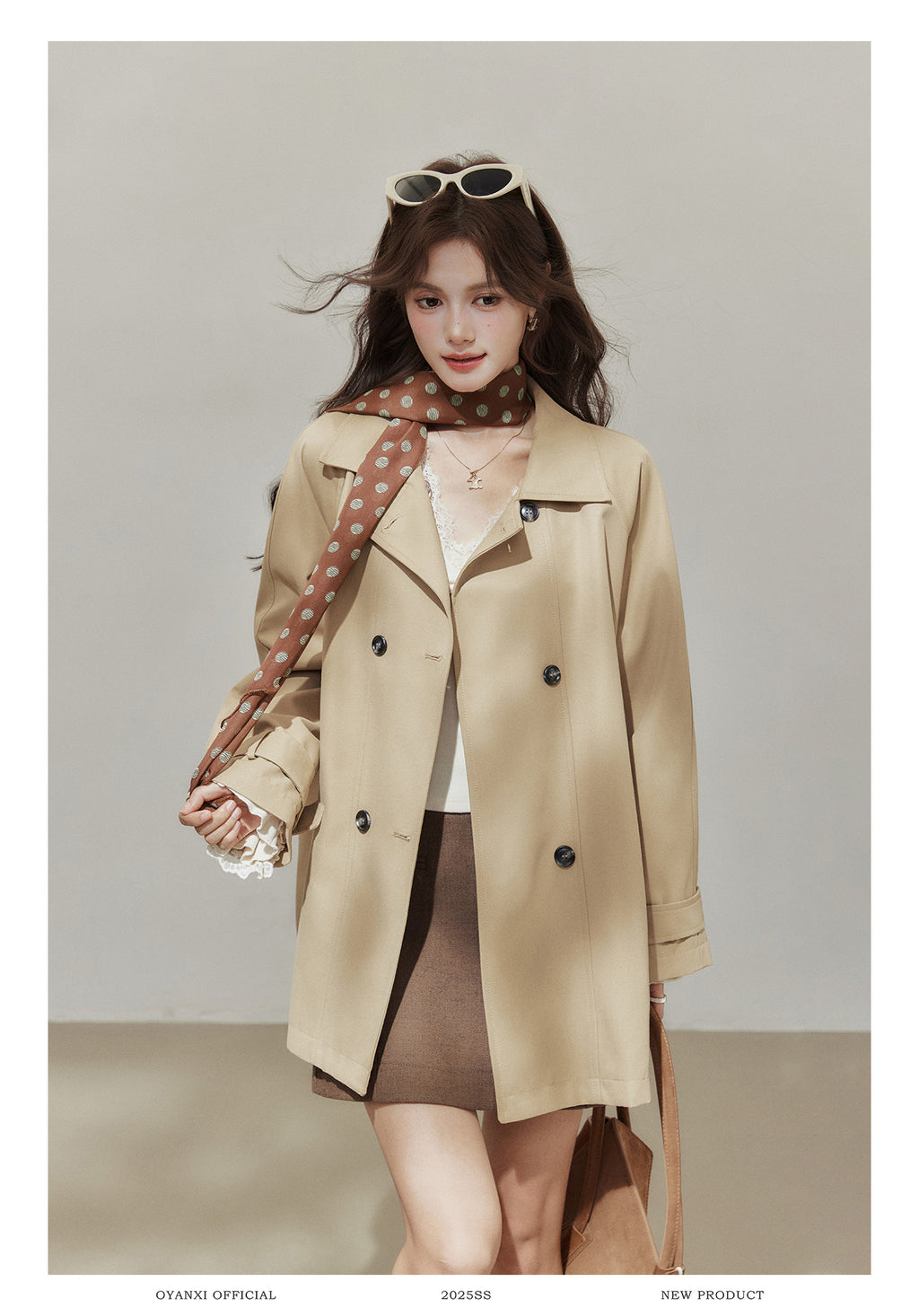 Oyanxi Women's Autumn "Freeze Paris" Khaki Raglan Long Sleeve Jacket, Short, Medium Length