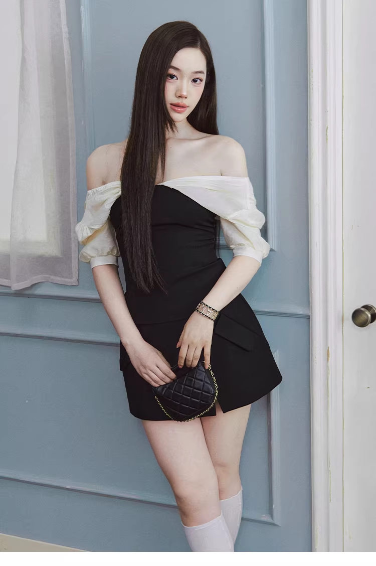 LaLuneDuCiel Two-piece shirt without shoulder straps, puffed sleeves, tight fit, sweet and gentle design for women