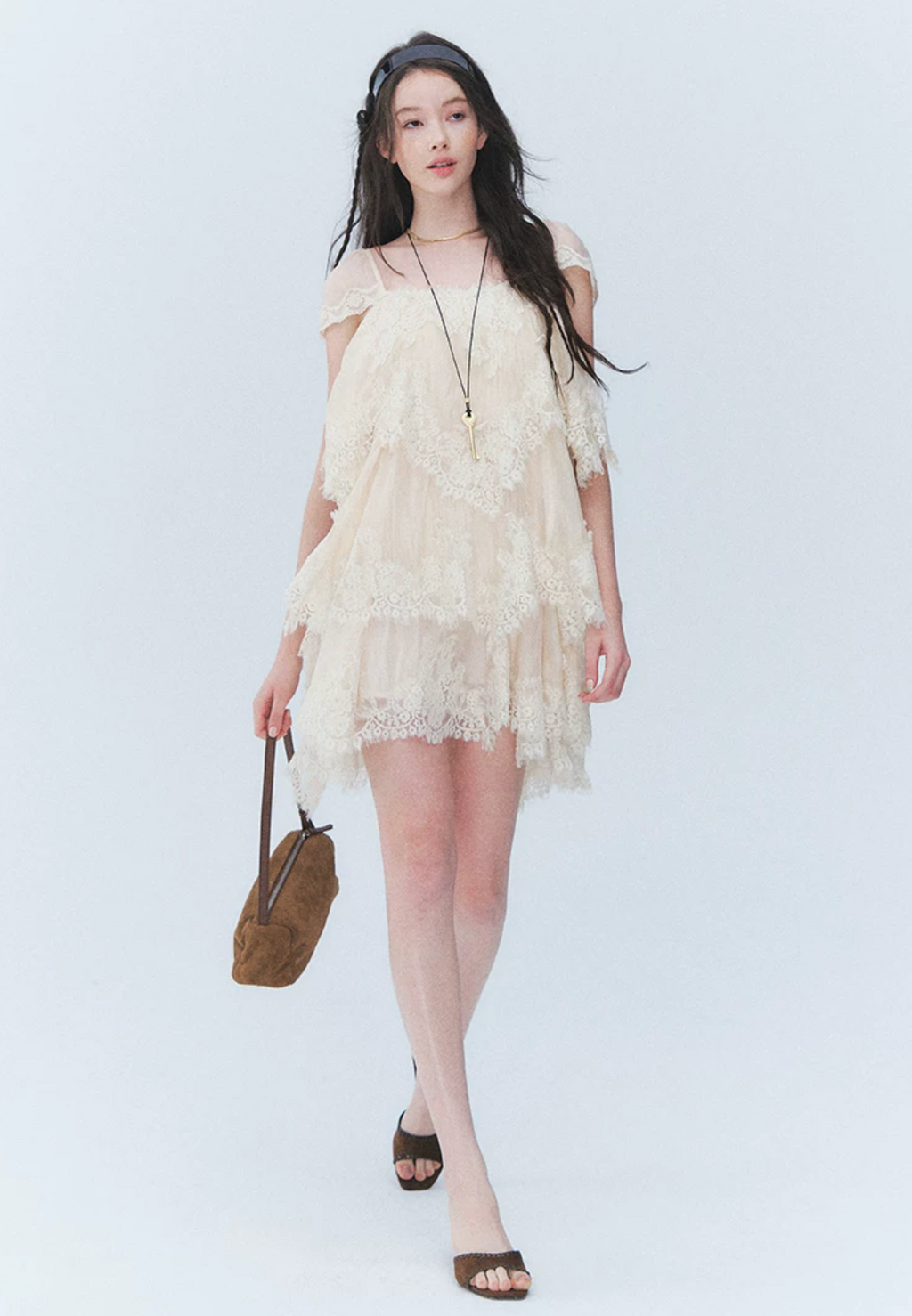 LaluneDuCiel Square neck flared lace dress, thick material, retro style, suitable for beach vacations.