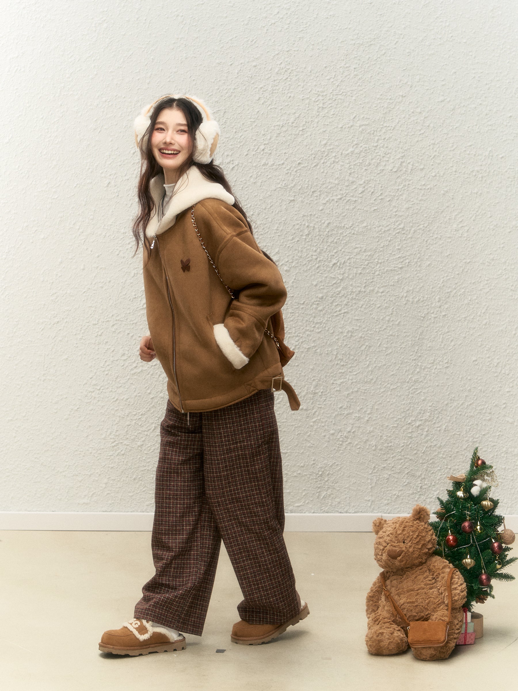 Women's winter warm thick fur coat, warm fur collar, top designed with suede ELEVEN SLEEP
