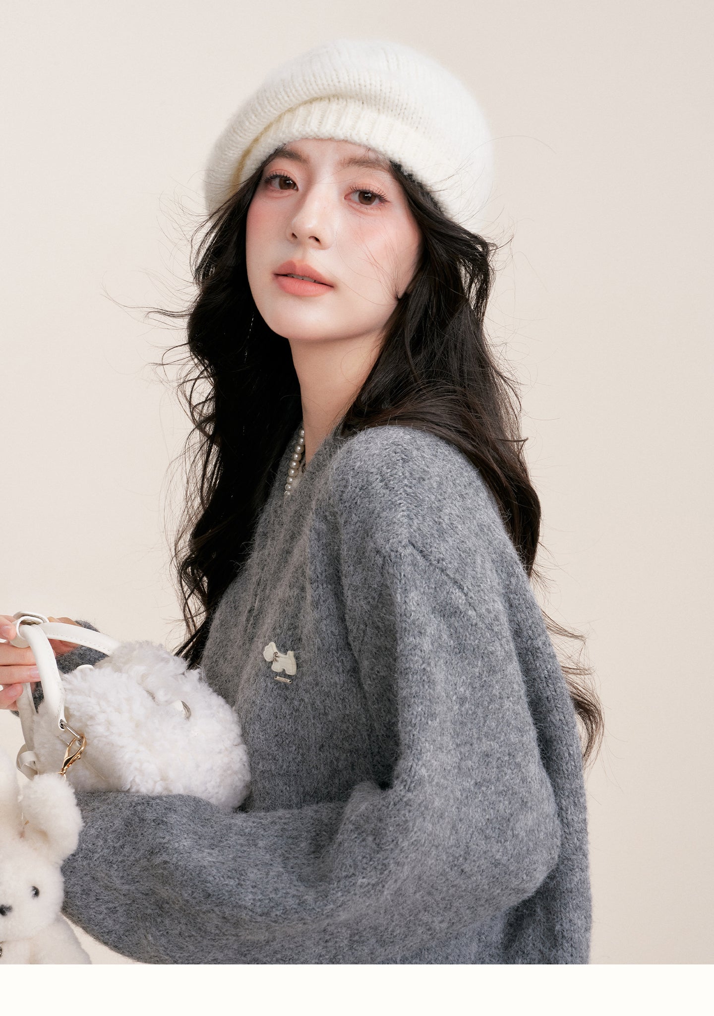 KROCHE Winter Warm A-line Cardigan Sweater Set Gray Double Zipper for Puppy 25aw