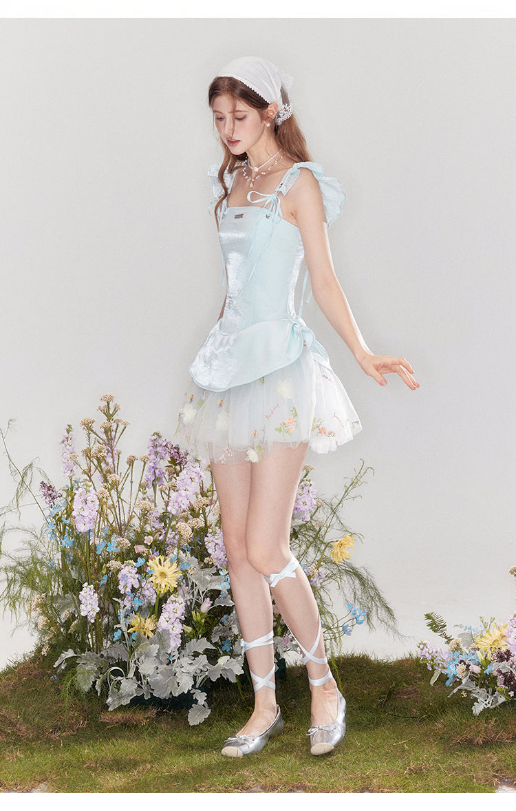 "Love & Reverie" Flowy satin ballgown with puff sleeves and a fitted waist.