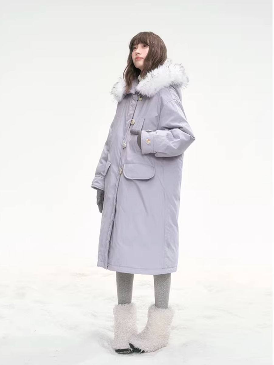 CANSTOREGIRLS Purple 'Twilight Soft Fleece' Long Coat by Canned Goods Store, Warm Down Coat with 90% White Duck Down, International Standard.
