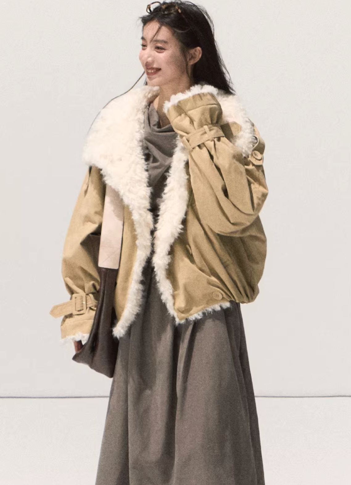 OAKMOO OAKMOO Short Fleece Leather Jacket / "A Night Under the Osmanthus Tree" for Women, Thick Lapel Collar Parka for Winter