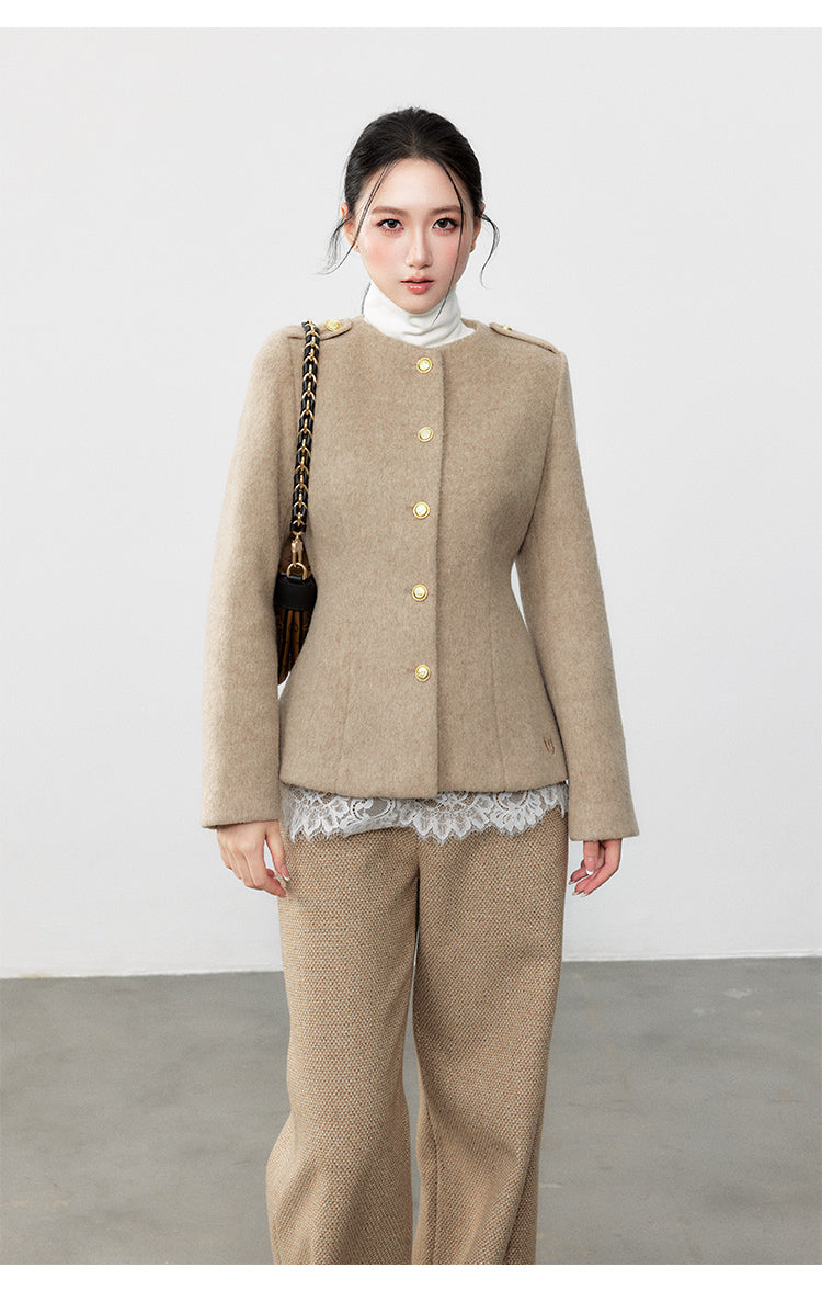 New fashion classic style woolen coat and lace turtleneck autumn and winter t-shirt set, high-end waist-hugging fit for women Yuzhi