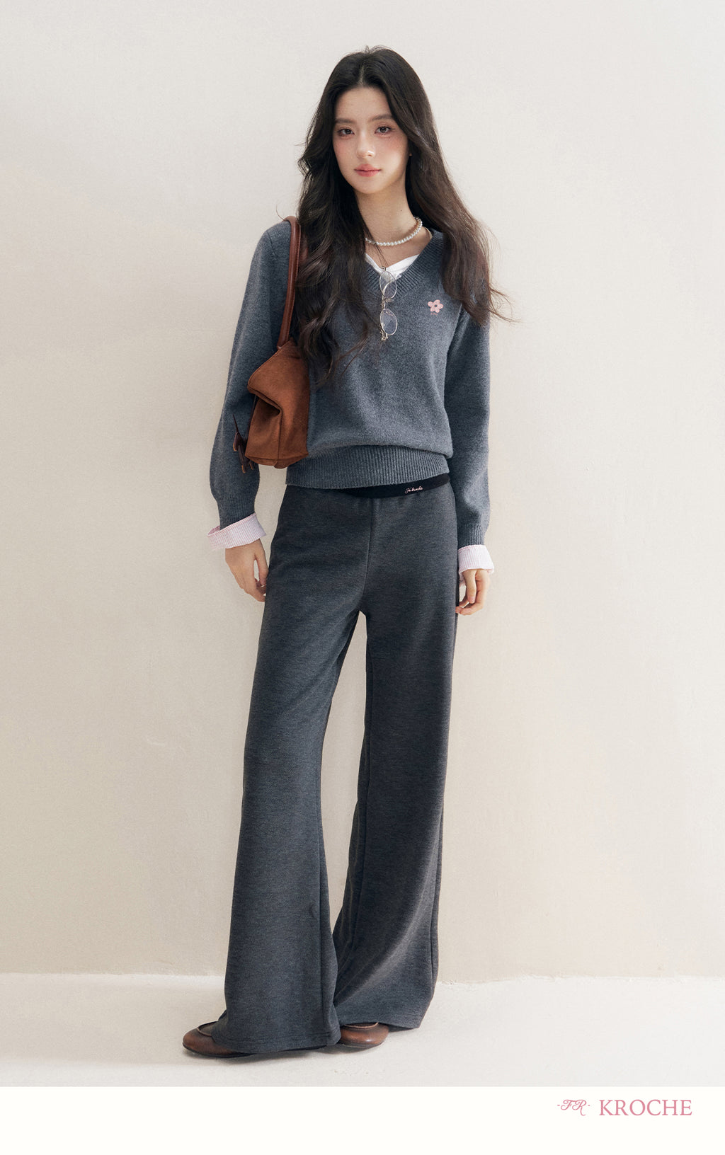 kroche 25AW two piece grey wool blend patchwork v neck sweater with bow