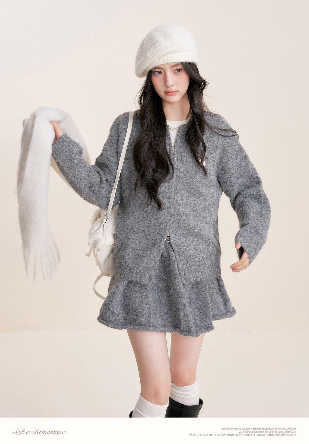 KROCHE Winter Warm A-line Cardigan Sweater Set Gray Double Zipper for Puppy 25aw