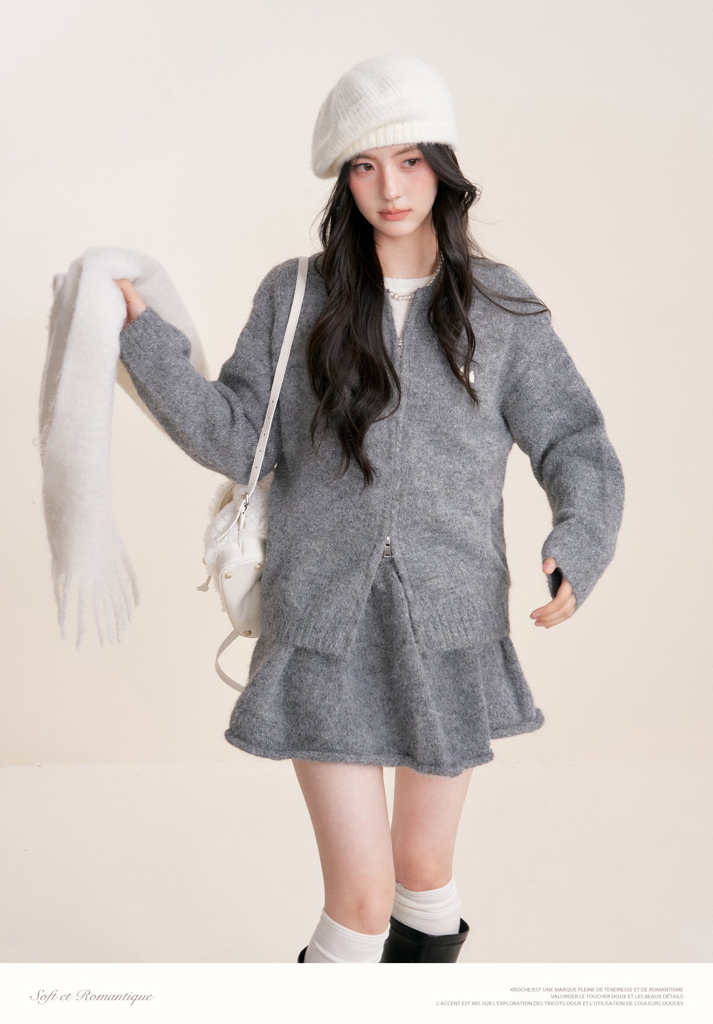 KROCHE Winter Warm A-line Cardigan Sweater Set Gray Double Zipper for Puppy 25aw