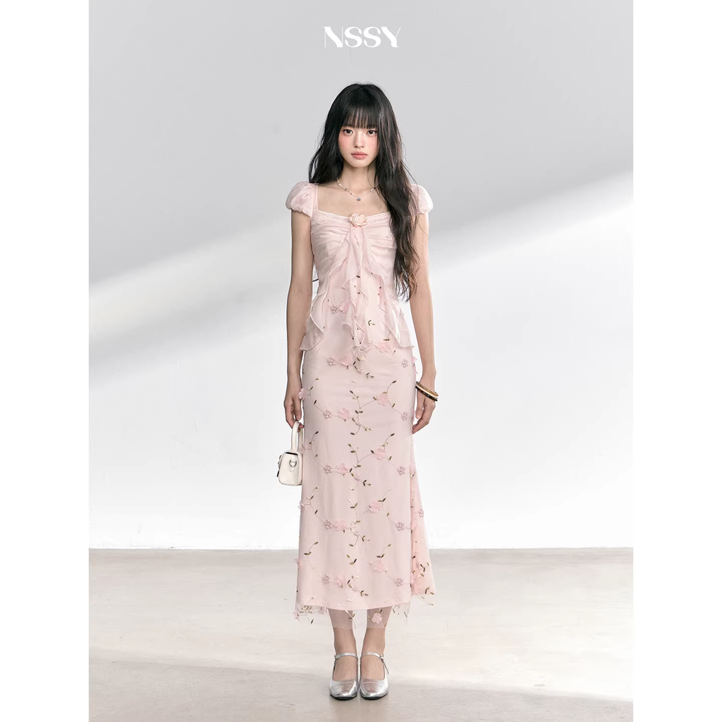 NSSY NSSY two-piece long dress with three drowned fish pattern, green, chiffon material, 3D floral pattern