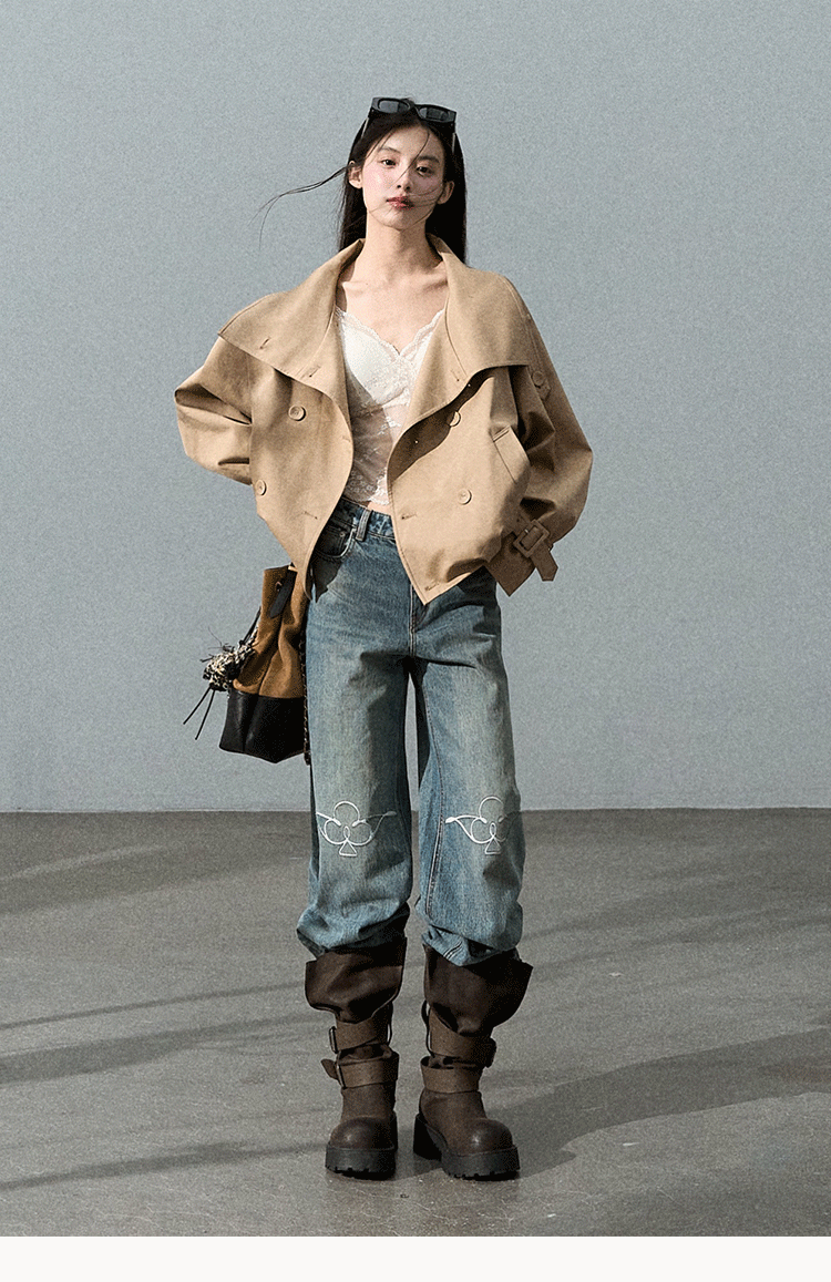 Oakmoo "Through the Oak Woods" Short Double-Breasted Lyocell Cotton Stand Collar Trench Coat