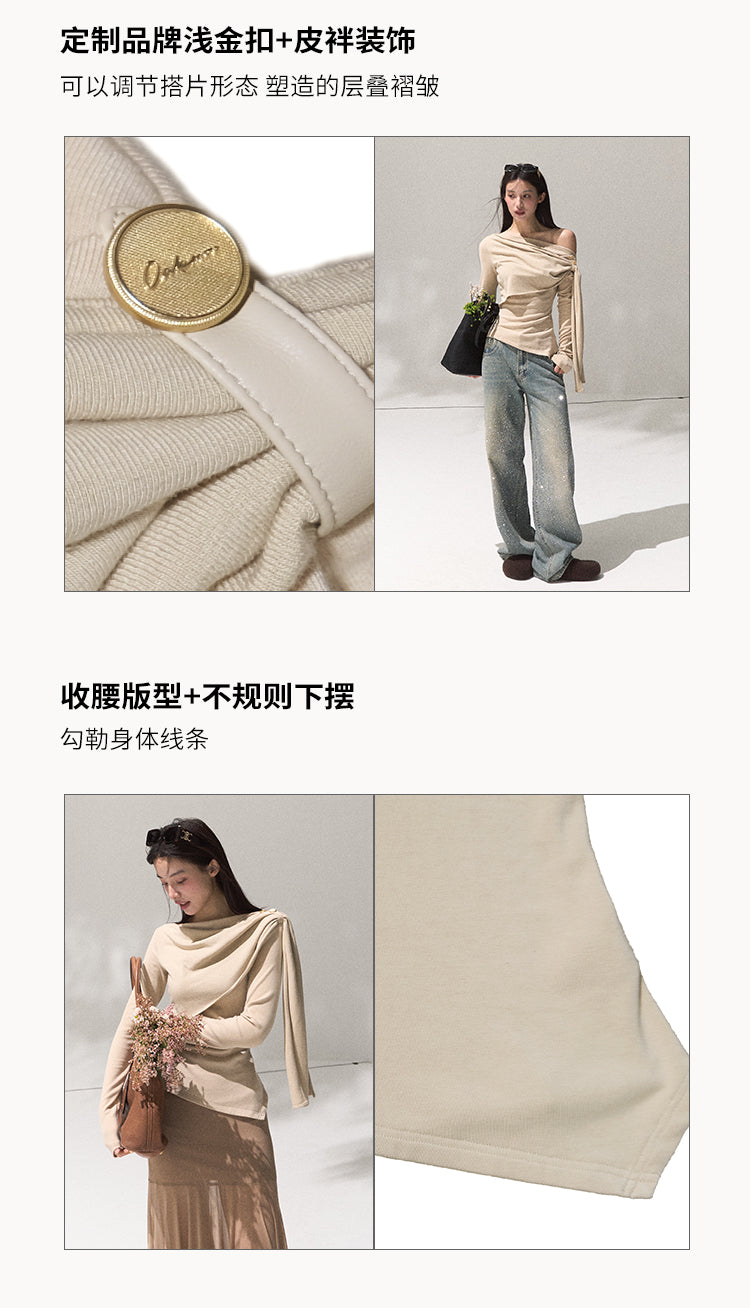 OAKMOO Women's "Ancient Shrine" patterned round neck long sleeve knit sweater with inside waist button closure