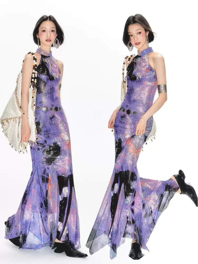 Yang Erdameng Original Chinese Style Purple Printed Sleeveless Halter Collar Cheongsam Dress for Women New Style Stand Collar Long Dress