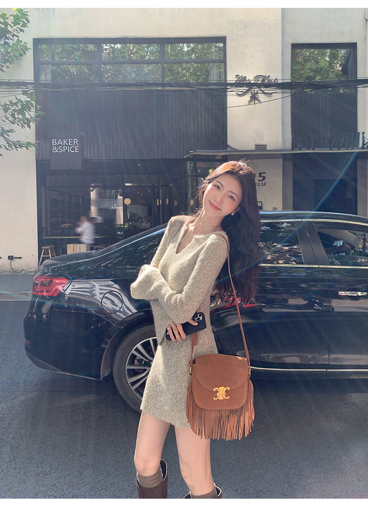 MULVAN MULVAN Women's Sexy V-Neck Sweater Dress, Fall/Winter, Slim Fit, Waistband, Bodycon Mini Skirt