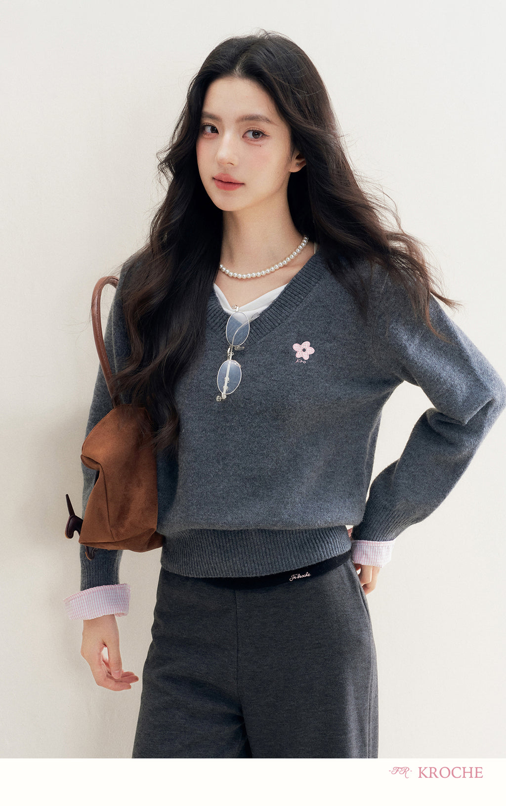 kroche 25AW two piece grey wool blend patchwork v neck sweater with bow