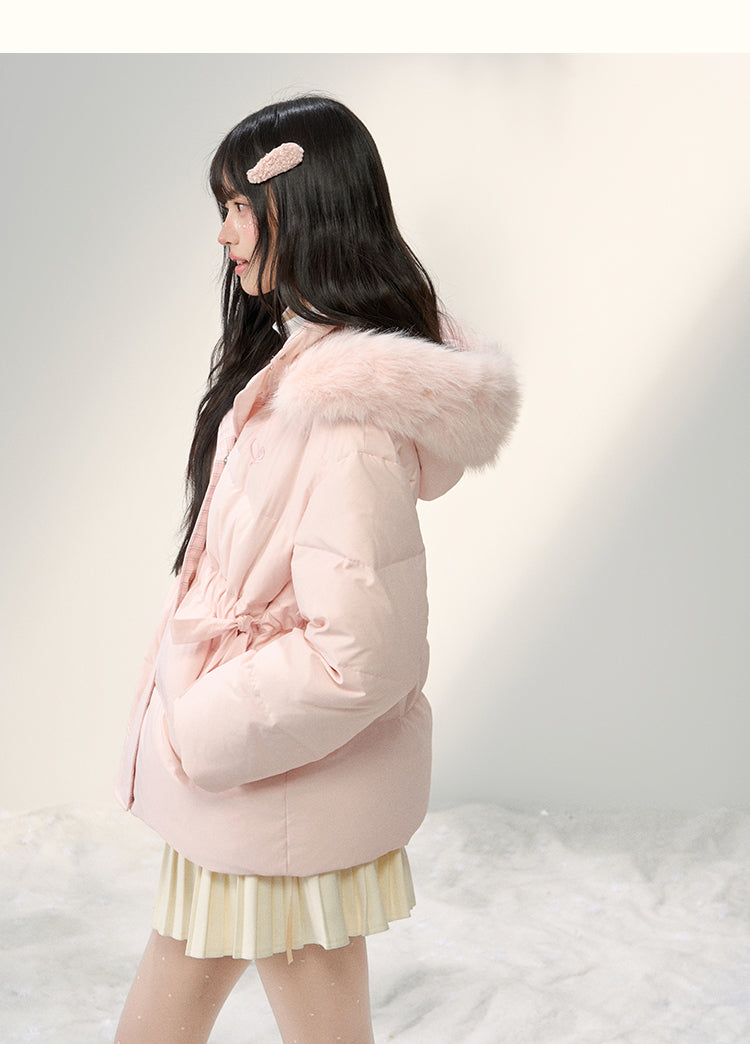 UMOUMO [90% White Duck Down] Mushroom Sweet Waist Slimming Two-Way Placowork Patchwork Down Jacket with Hood and Detachable Fur Collar