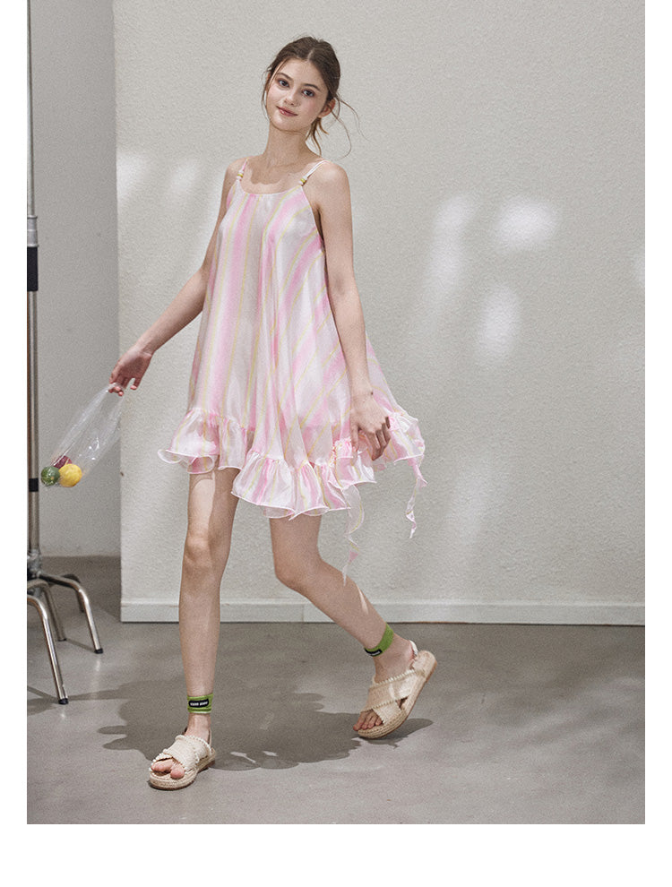 "Liuli Tangyu" Short, ruffled pinafore dress in a resort style, featuring a neon ombre Callmelater design.