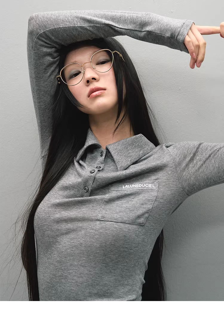 LaluneDuCiel women's plain polo shirt, casual style, elegant, simple, slim fit, long sleeves, suitable for early autumn.