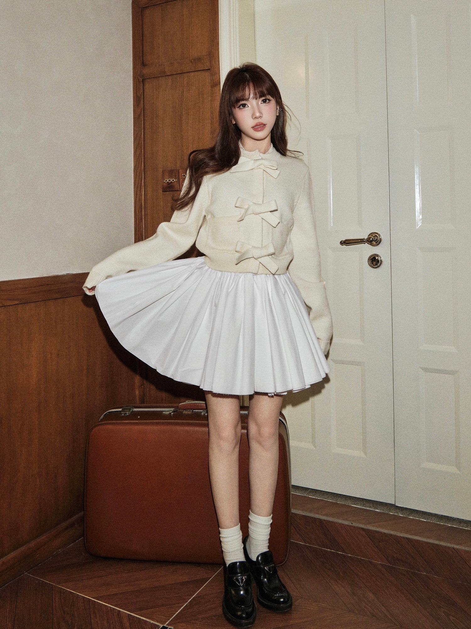 Avenement warm high quality Korean style long sleeve bow tie cardigan for women