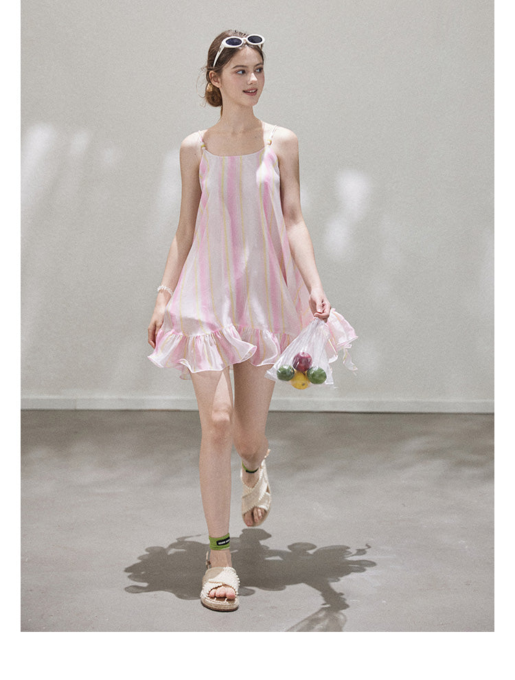 "Liuli Tangyu" Short, ruffled pinafore dress in a resort style, featuring a neon ombre Callmelater design.