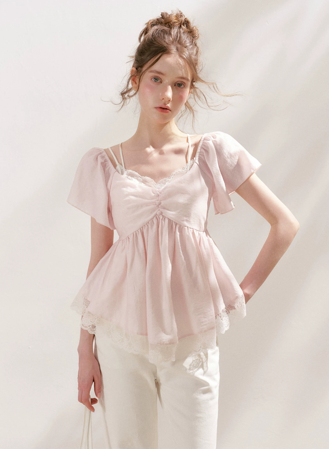 KROCHE French lace "Tencel Acetate" shirt with V-neck, short sleeves, comfortable A-line waist